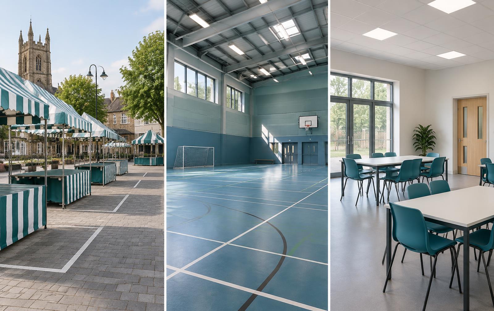 An organised outdoor market with trader stands, a community sports hall and a bookable indoor room